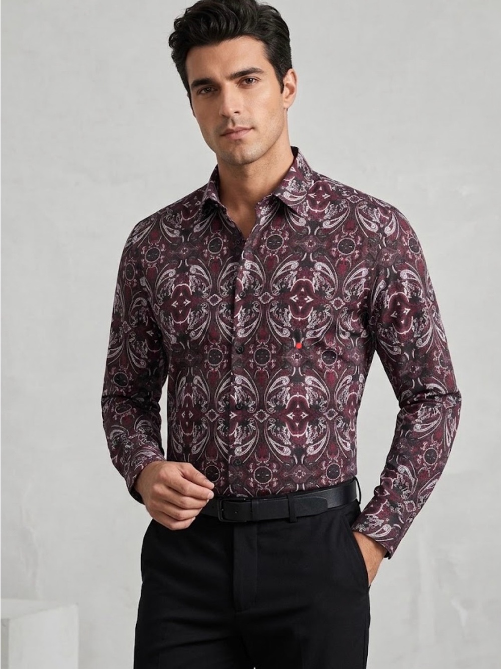 Maceoo Men's Burgundy Paisley Long-Sleeve Shirt